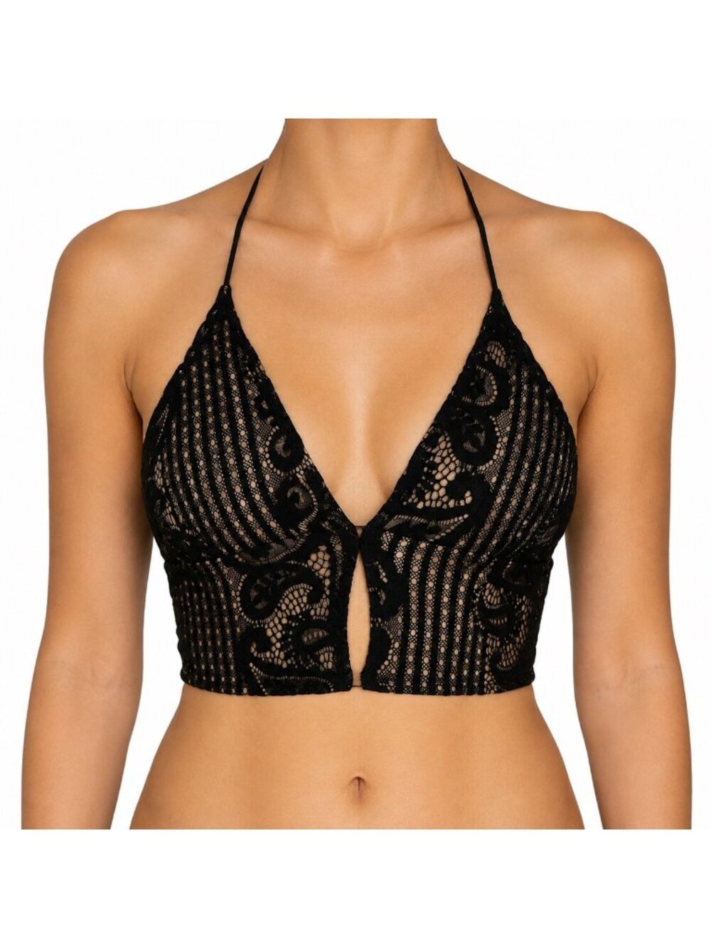CIDER Crop Top Medium Black Nude Floral Lace Halter Neck Camisole Gothic Y2K